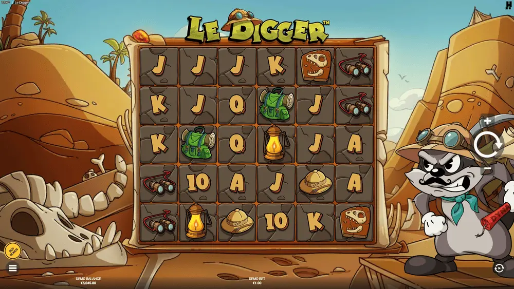 Rejilla completa 6x5 del juego base que muestra la profundidad de capas y al personaje Smokey con los símbolos premium