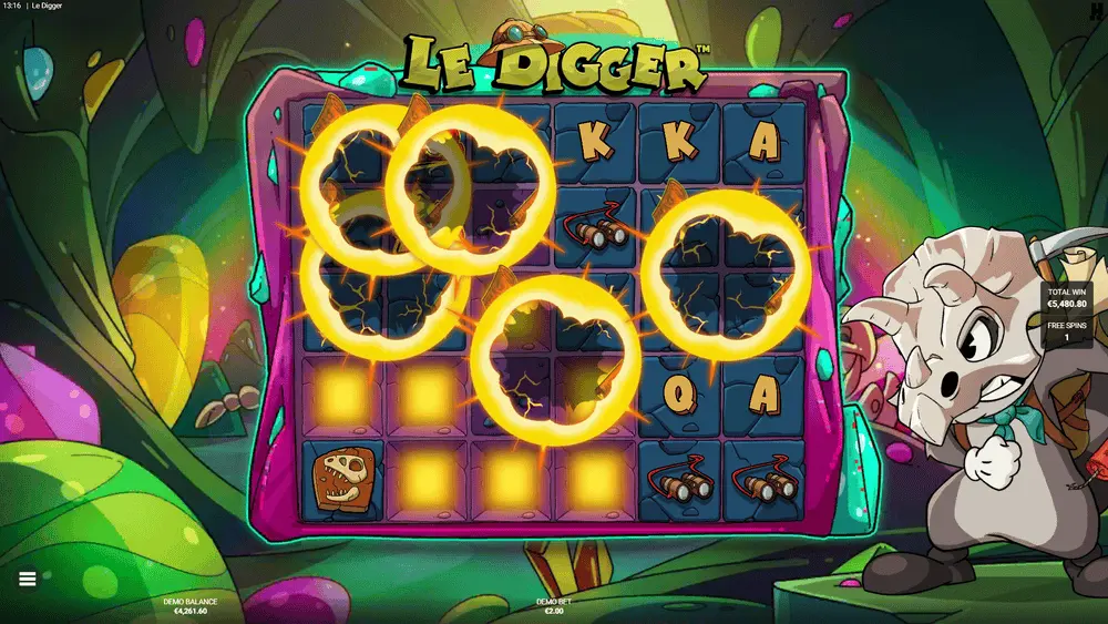 Gold Digger bonusspel met 5 dynamieten per draai